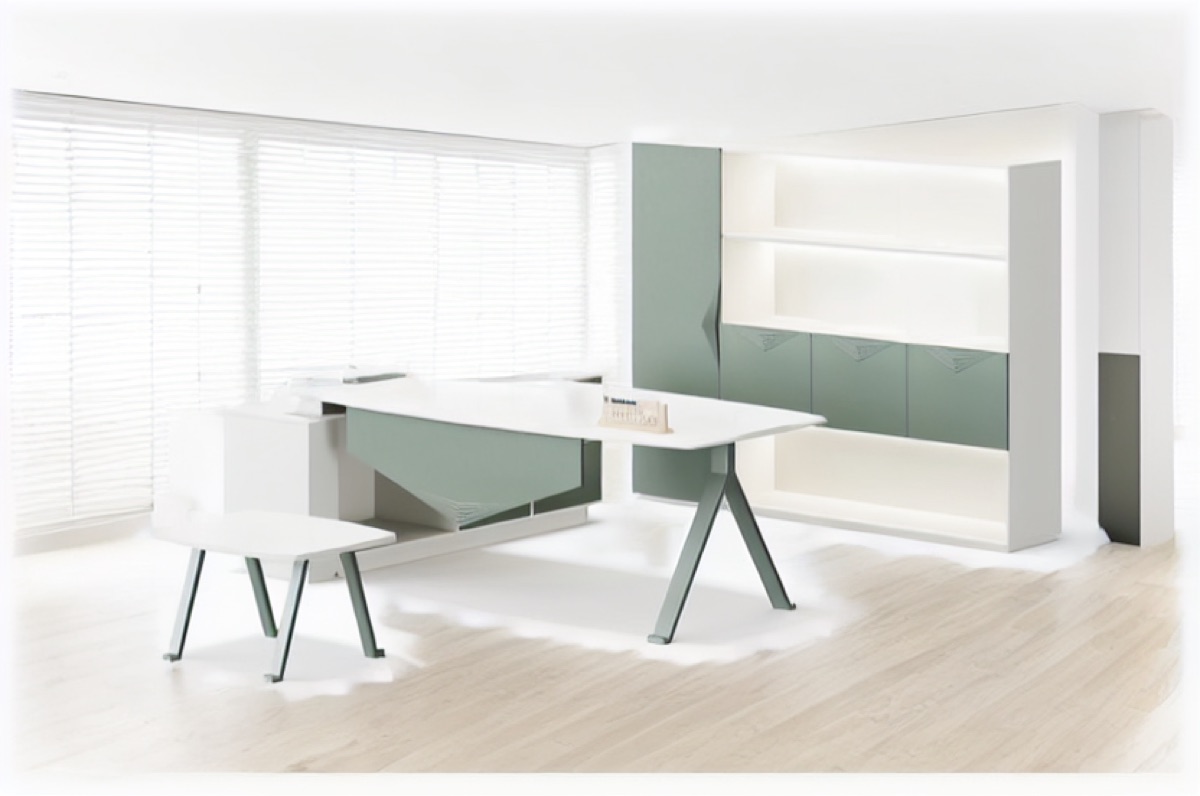 Dark Green L-Shape Director Desk + Integrated Shelving — office scene