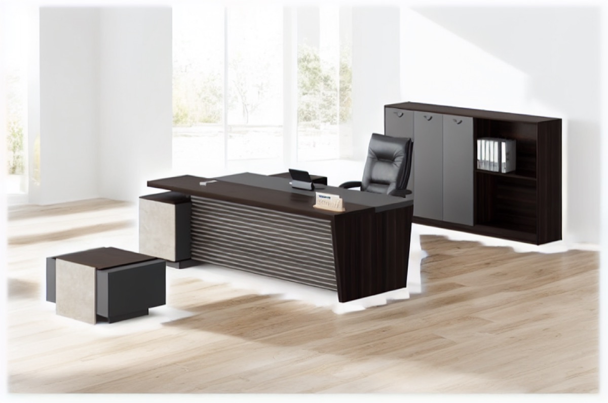Set Meja Eksekutif L-Shape + Kabinet — situasi kantor