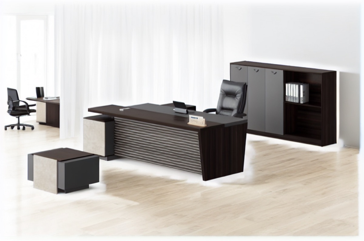 Set Meja Eksekutif L-Shape + Kabinet — situasi kantor