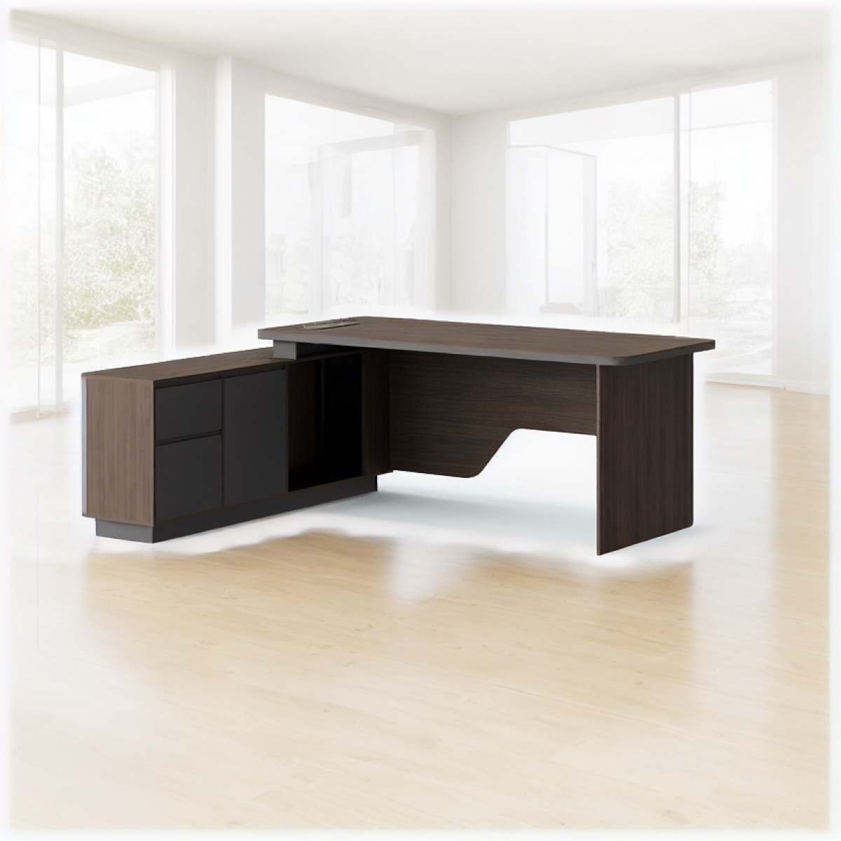 L-Shape Director Desk + Full Side Cabinet — office scene