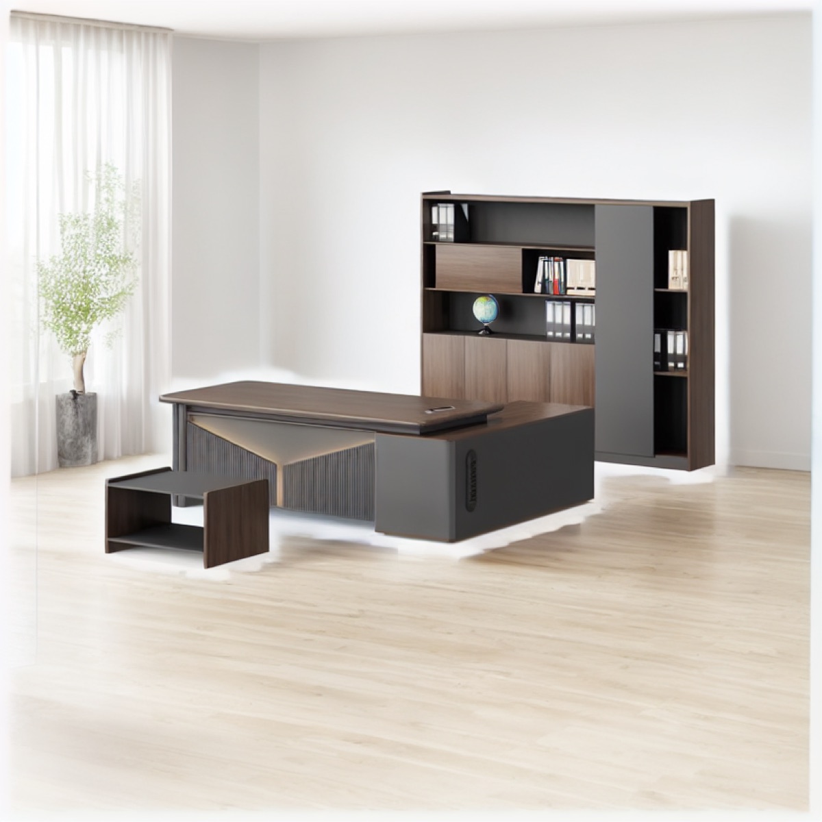 Meja Eksekutif L-Shape + Side Cabinet LED Ribbed — suasana kantor