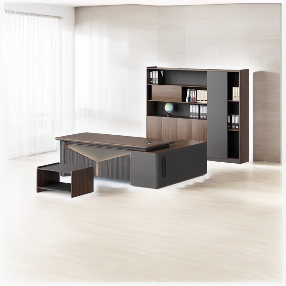 Meja Eksekutif L-Shape + Side Cabinet LED Ribbed — suasana kantor