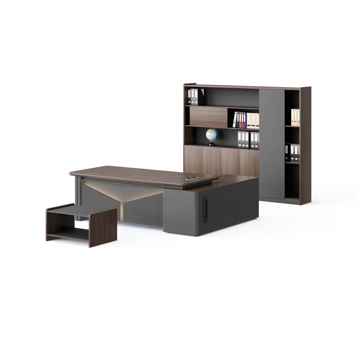 Meja Eksekutif L-Shape + Side Cabinet LED Ribbed — BG-2566L — Foshan China office furniture manufacturer
