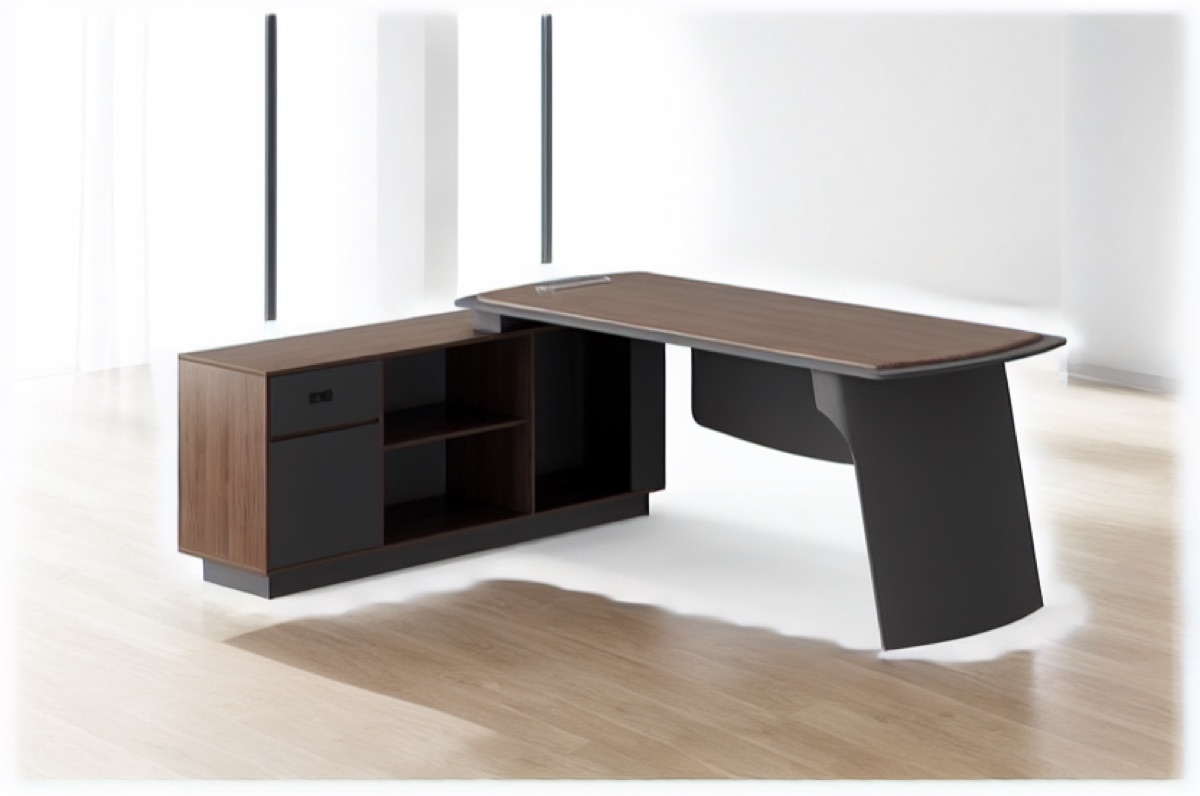 L-Shape Director Desk Drawer Cabinet & Shelves — office scene