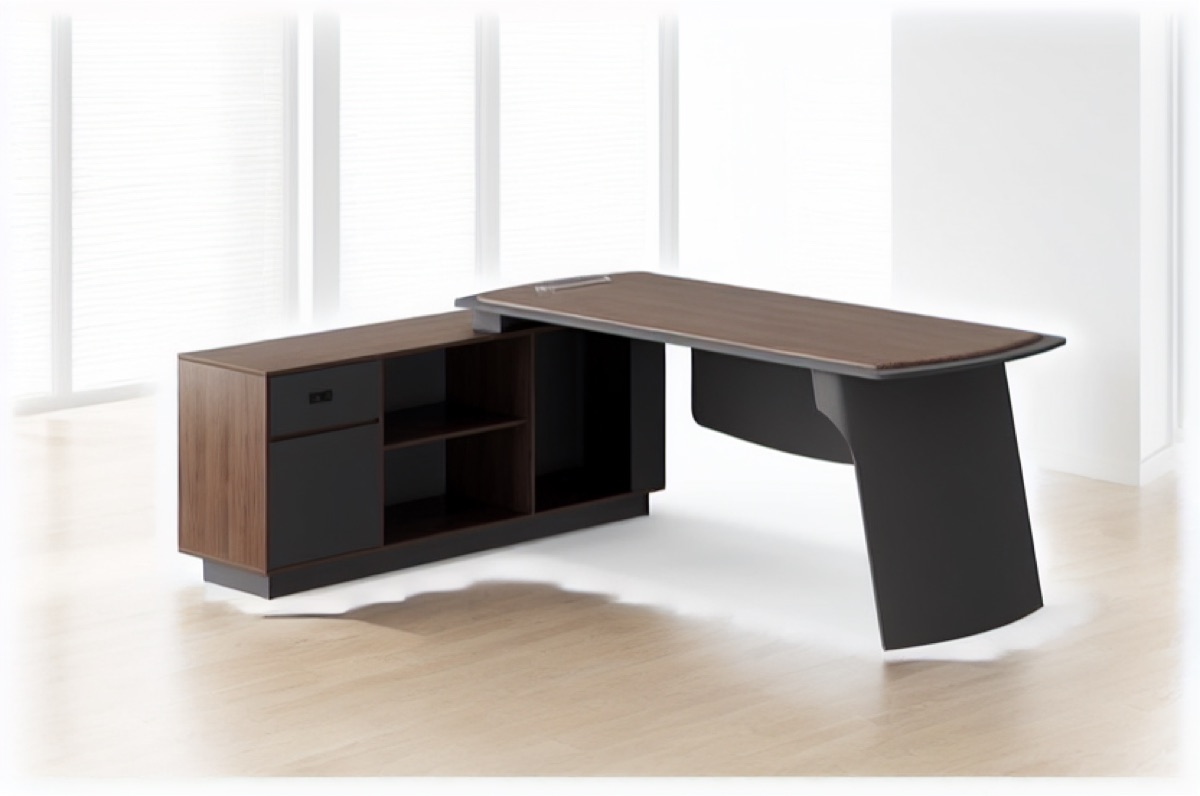 L-Shape Director Desk Drawer Cabinet & Shelves — office scene