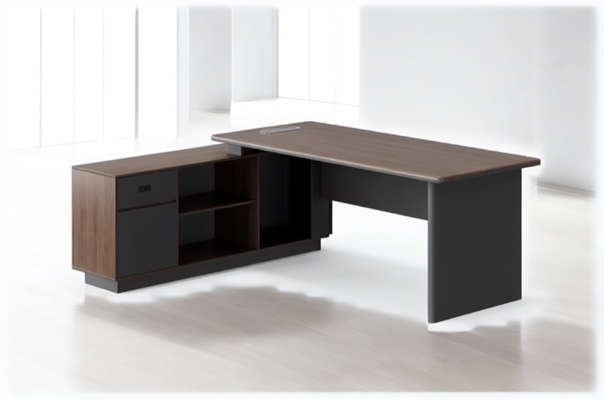 L-Shape Director Desk Power Panel & Drawer — office scene