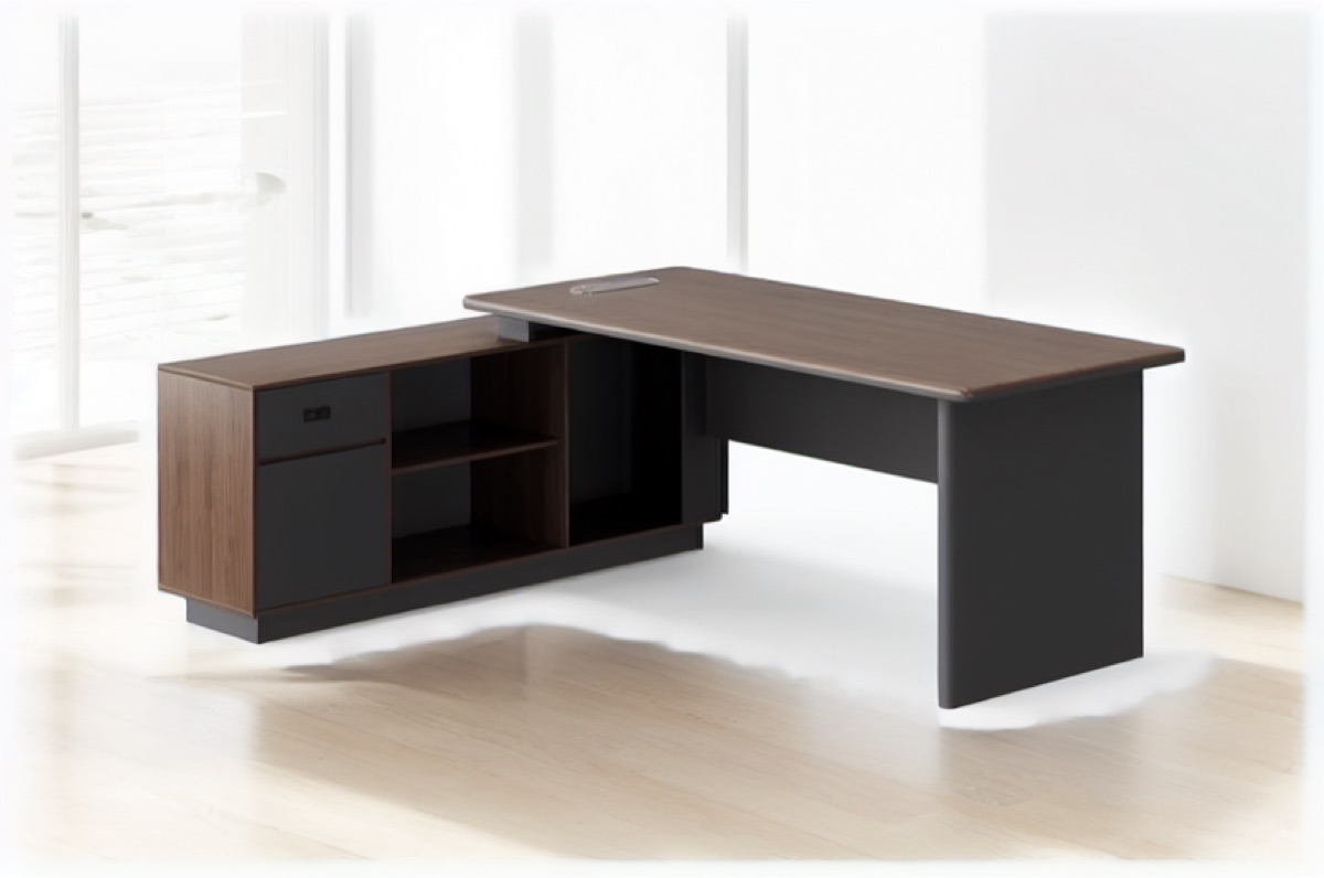 L-Shape Director Desk Power Panel & Drawer — office scene