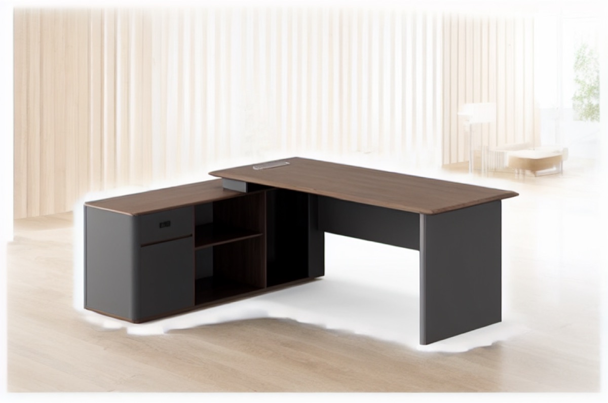 Meja Direktur L-Shape Panel Slat Vertikal — situasi kantor