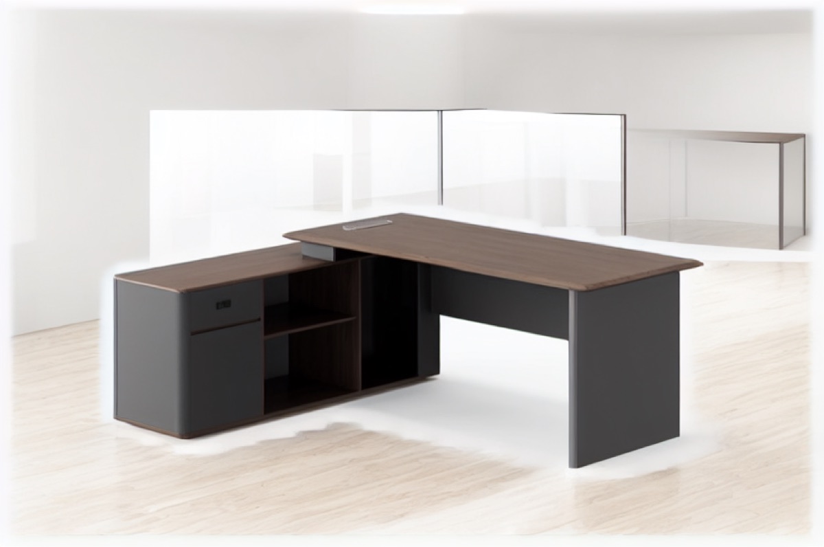 Meja Direktur L-Shape Panel Slat Vertikal — situasi kantor