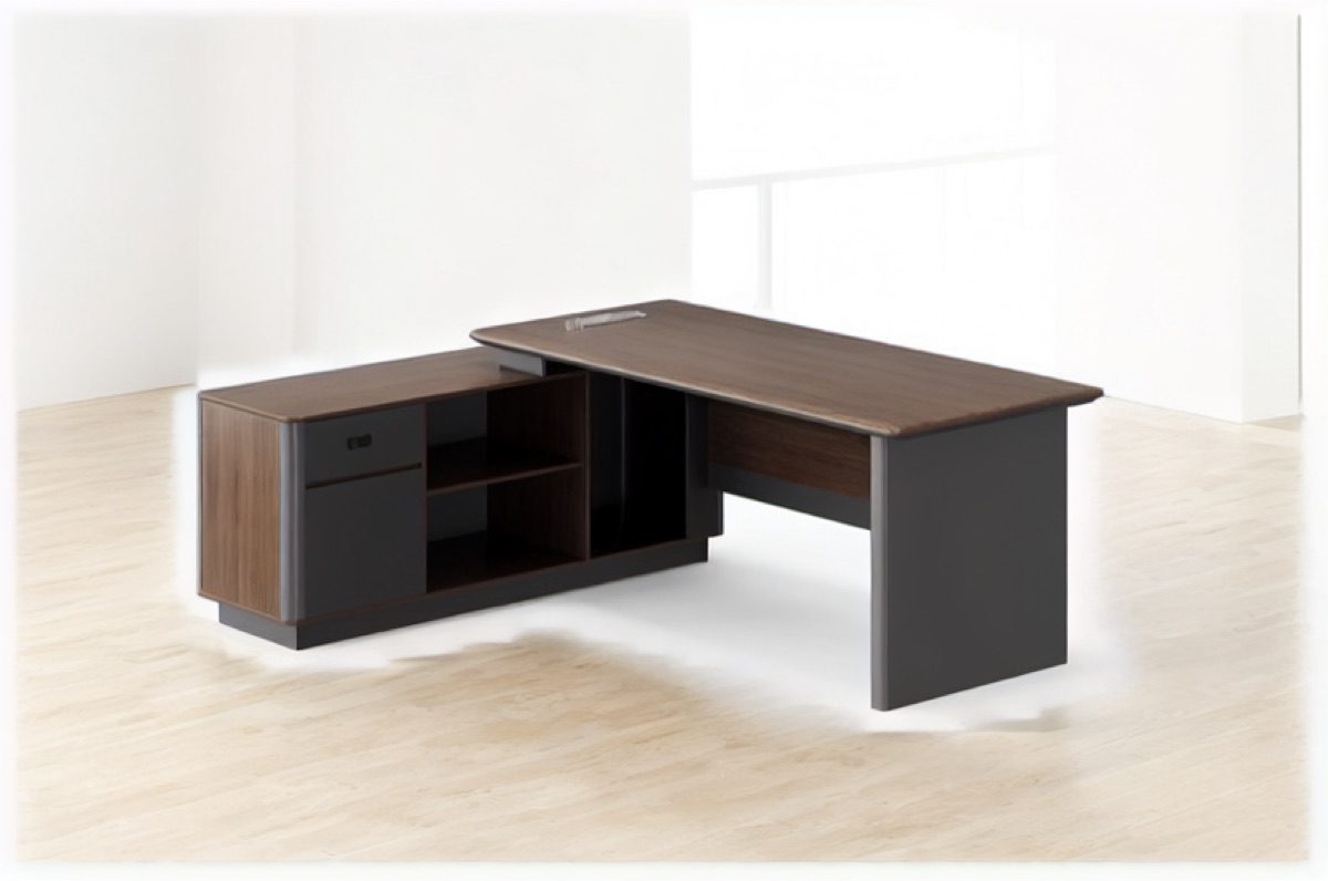 L-Shape Director Desk + Return Cabinet + Shelf — office scene