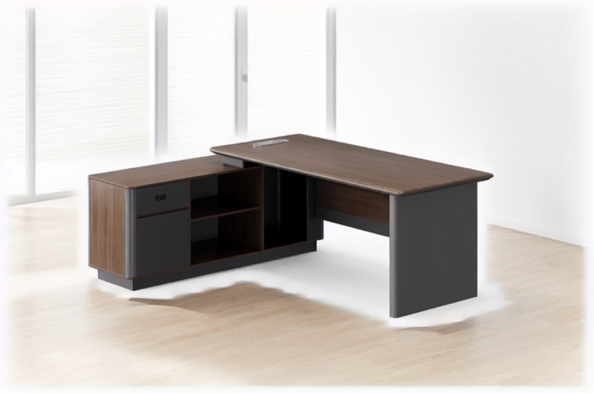 L-Shape Director Desk + Return Cabinet + Shelf — office scene