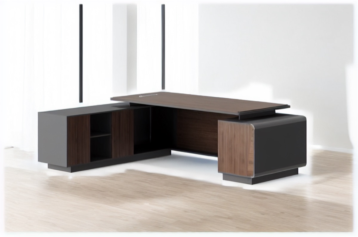 L-Shape Director Desk Wood Door Cabinets — office scene