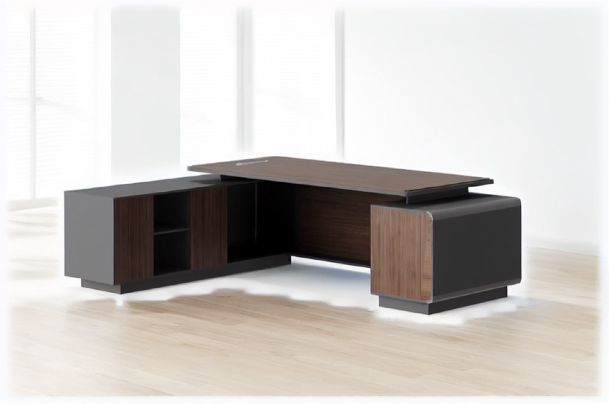 L-Shape Director Desk Wood Door Cabinets — office scene