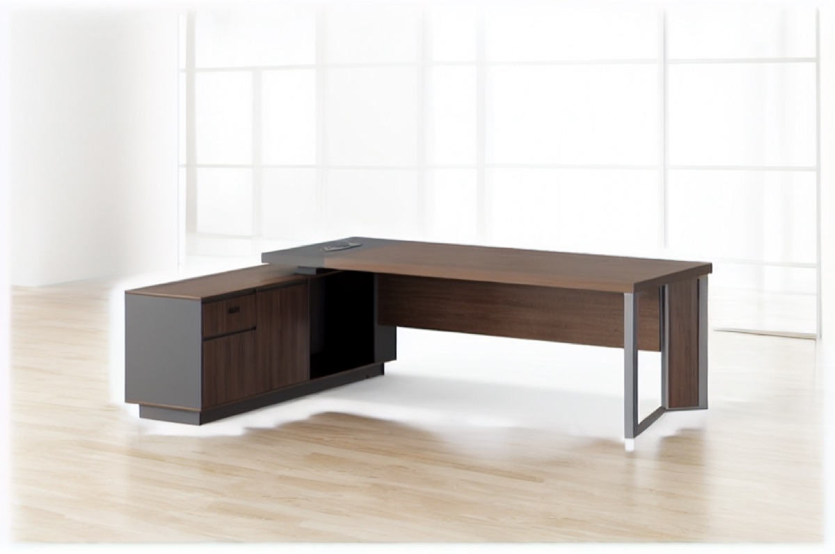 L-Shape Director Desk Metal Legs + Cabinet — office scene