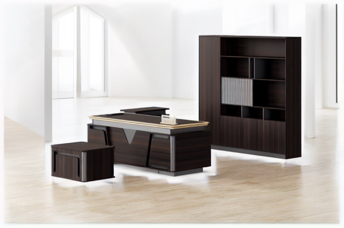L-Shape Director Desk + Bookcase, 4 Finishes — office scene