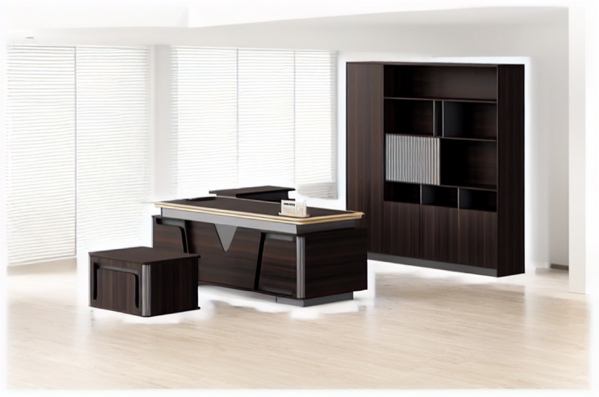 L-Shape Director Desk + Bookcase, 4 Finishes — office scene