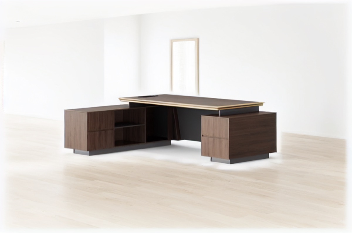Meja Direktur L-Shape Trim Emas Premium — situasi kantor