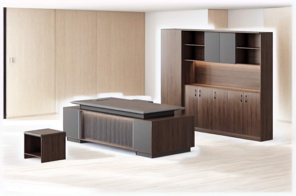 Meja Direktur L-Shape + Hutch LED — suasana kantor