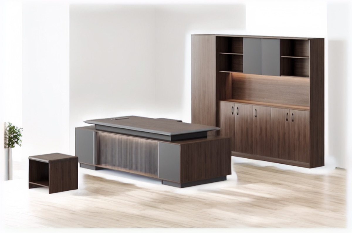 Meja Direktur L-Shape + Hutch LED — suasana kantor