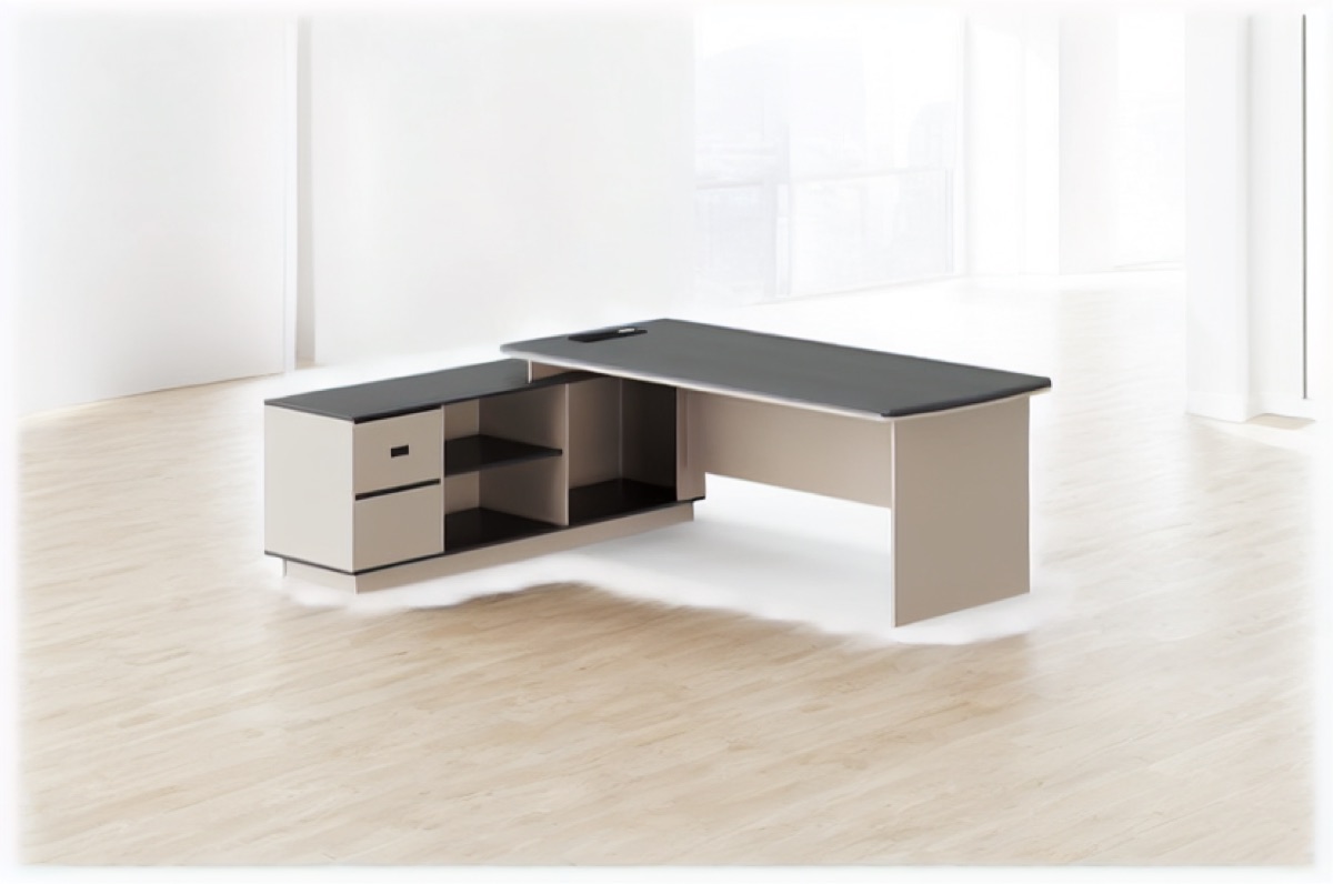 L-Shape Director Desk + Beige Cabinet — office scene