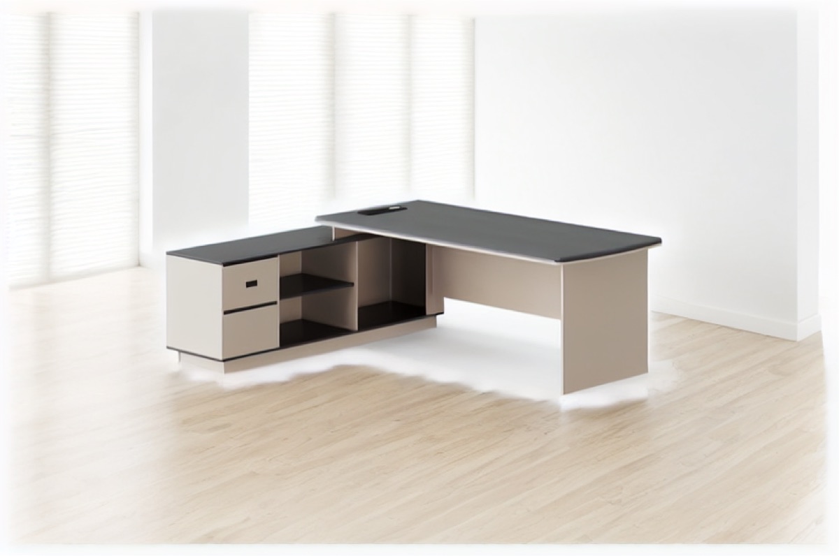 L-Shape Director Desk + Beige Cabinet — office scene