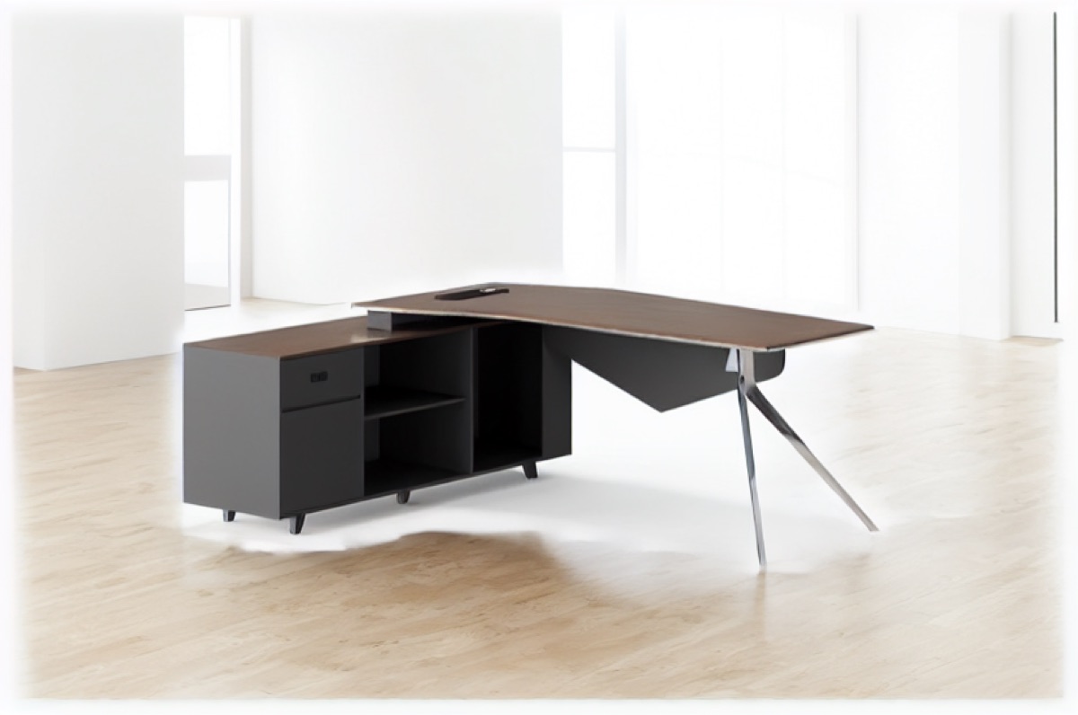 L-Shape Director Desk Triangular Legs + Cabinet — office scene