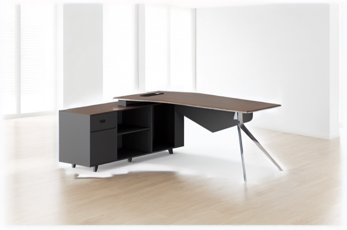 L-Shape Director Desk Triangular Legs + Cabinet — office scene