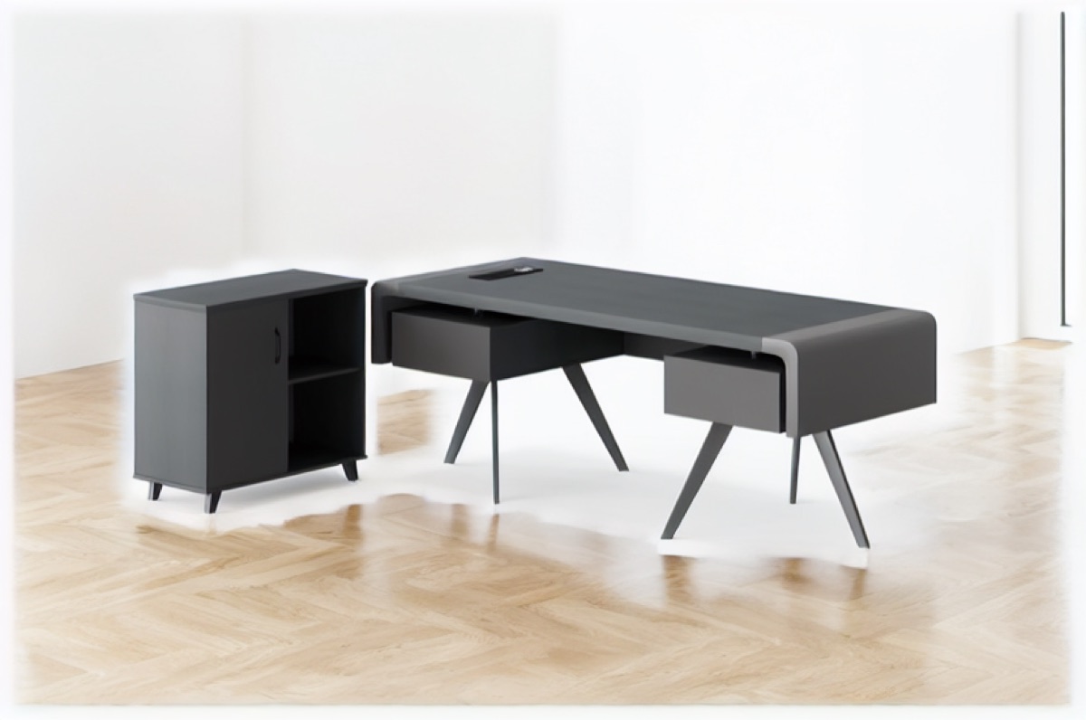 Meja Direktur Lurus Abu + Kabinet Rak — situasi kantor
