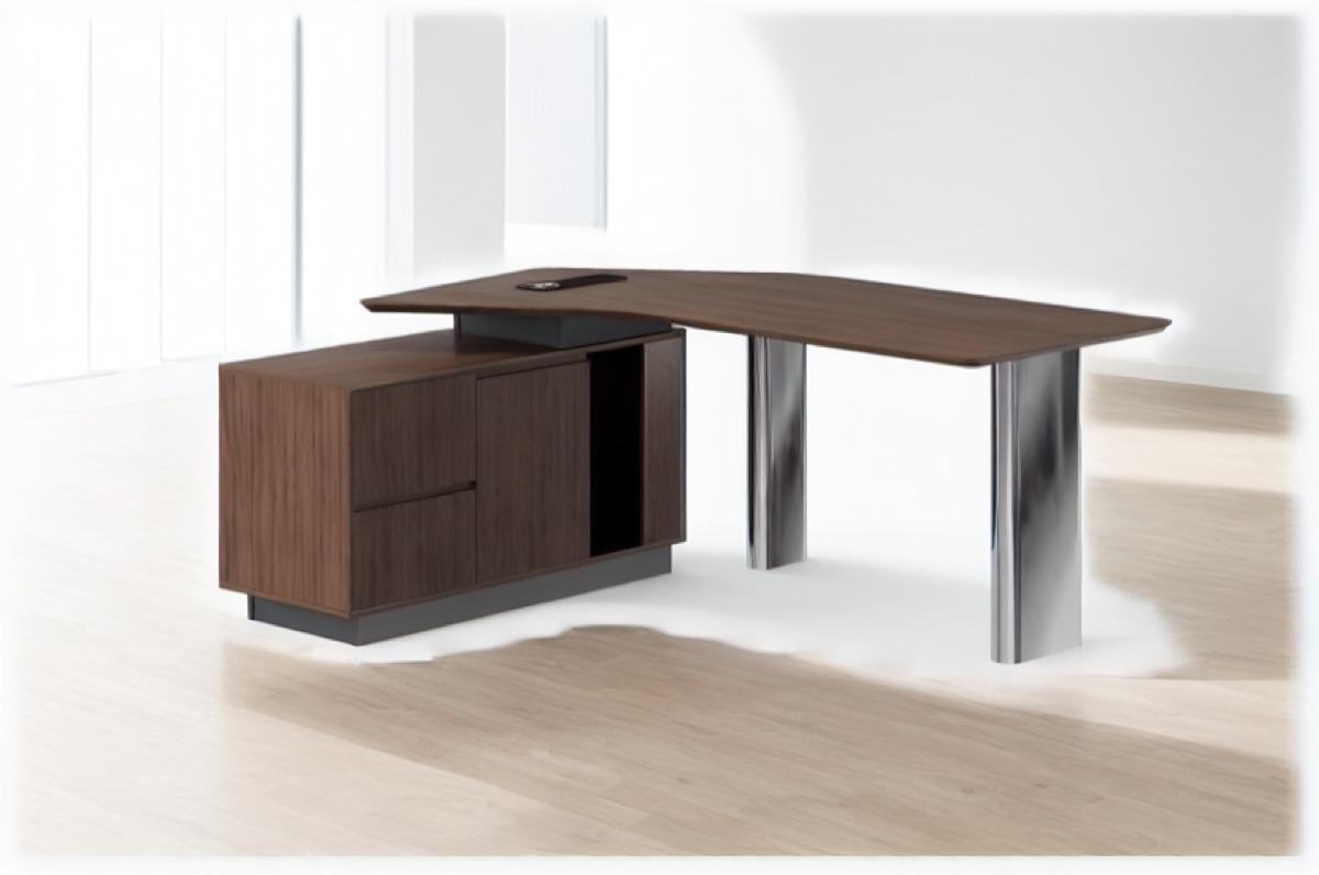 L-Shape Director Desk Chrome + Two-Drawer Cabinet — office scene