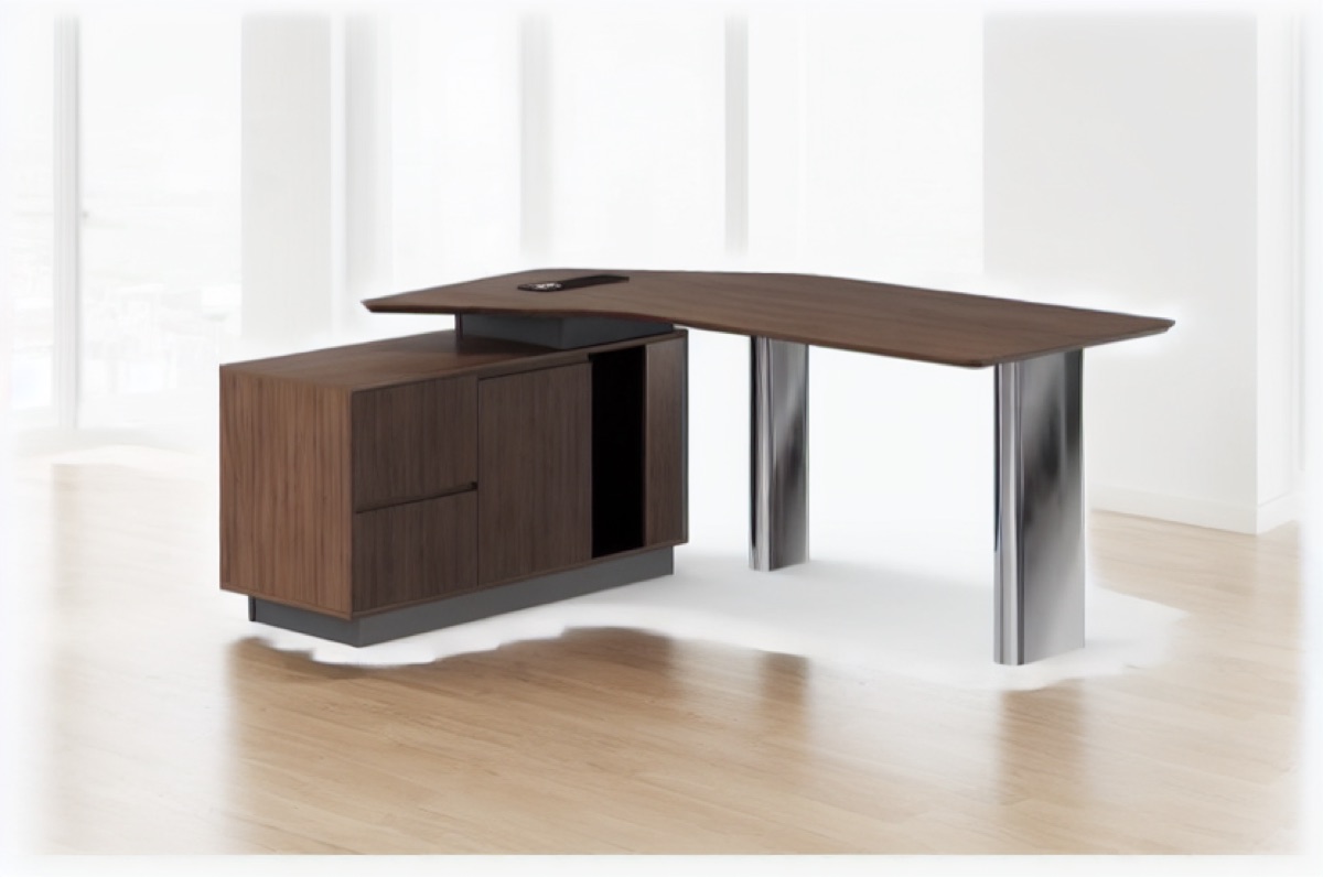 L-Shape Director Desk Chrome + Two-Drawer Cabinet — office scene