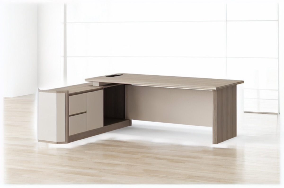 L-Shape Director Desk Natural Oak Panel Legs — office scene