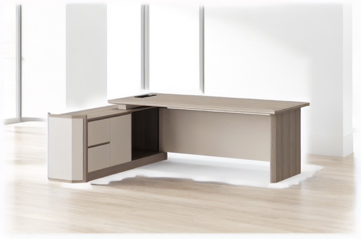 L-Shape Director Desk Natural Oak Panel Legs — office scene