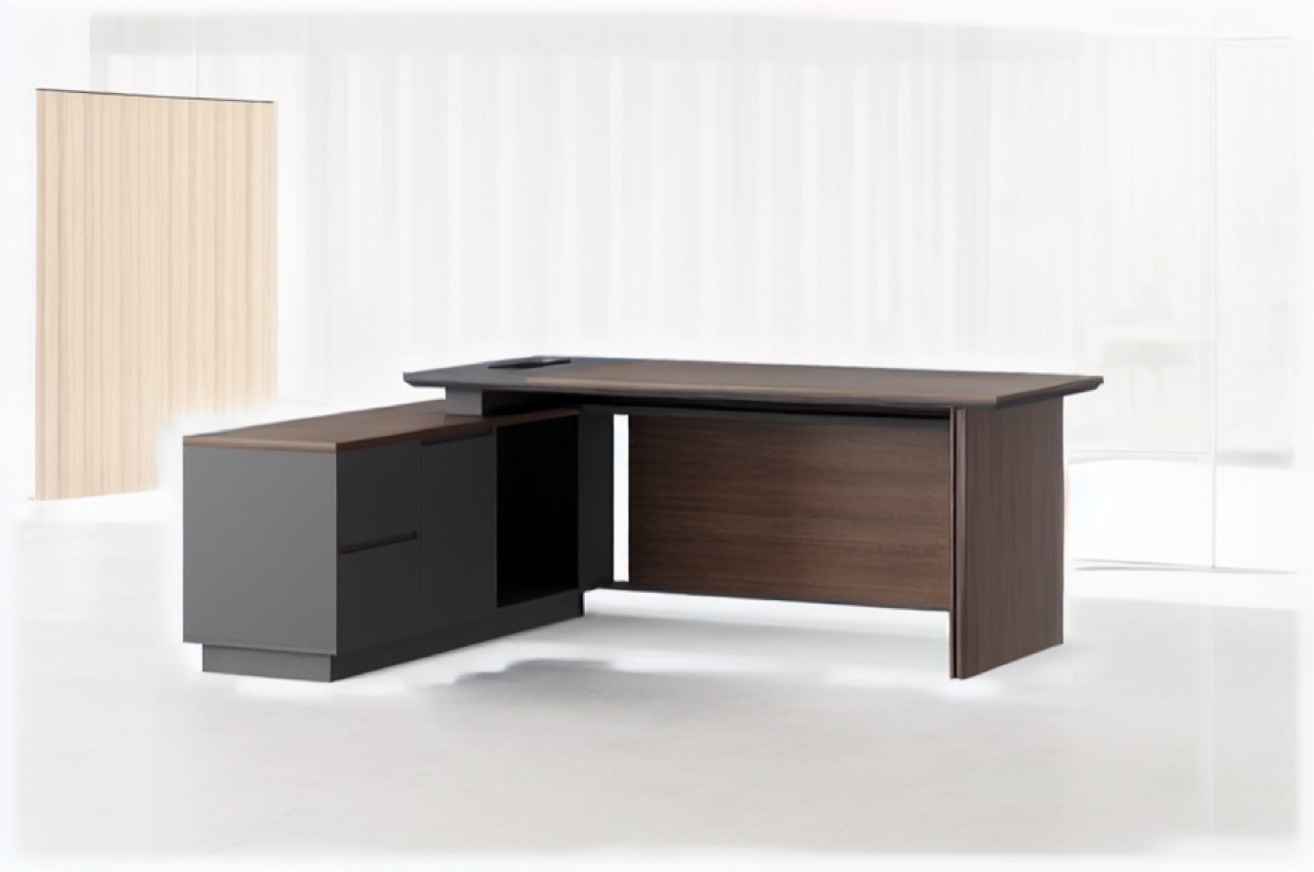 L-Shape Director Desk Walnut Slat Panel + Cabinet — office scene