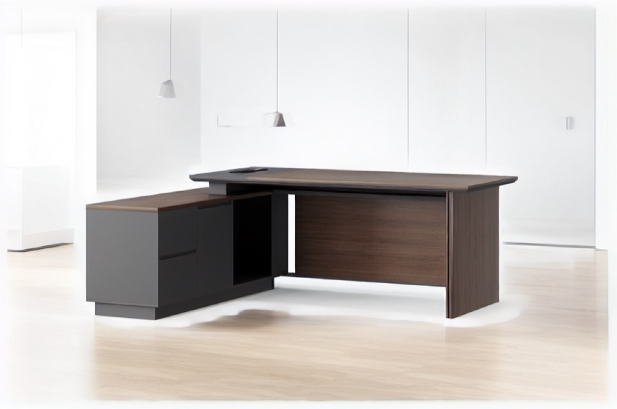 L-Shape Director Desk Walnut Slat Panel + Cabinet — office scene