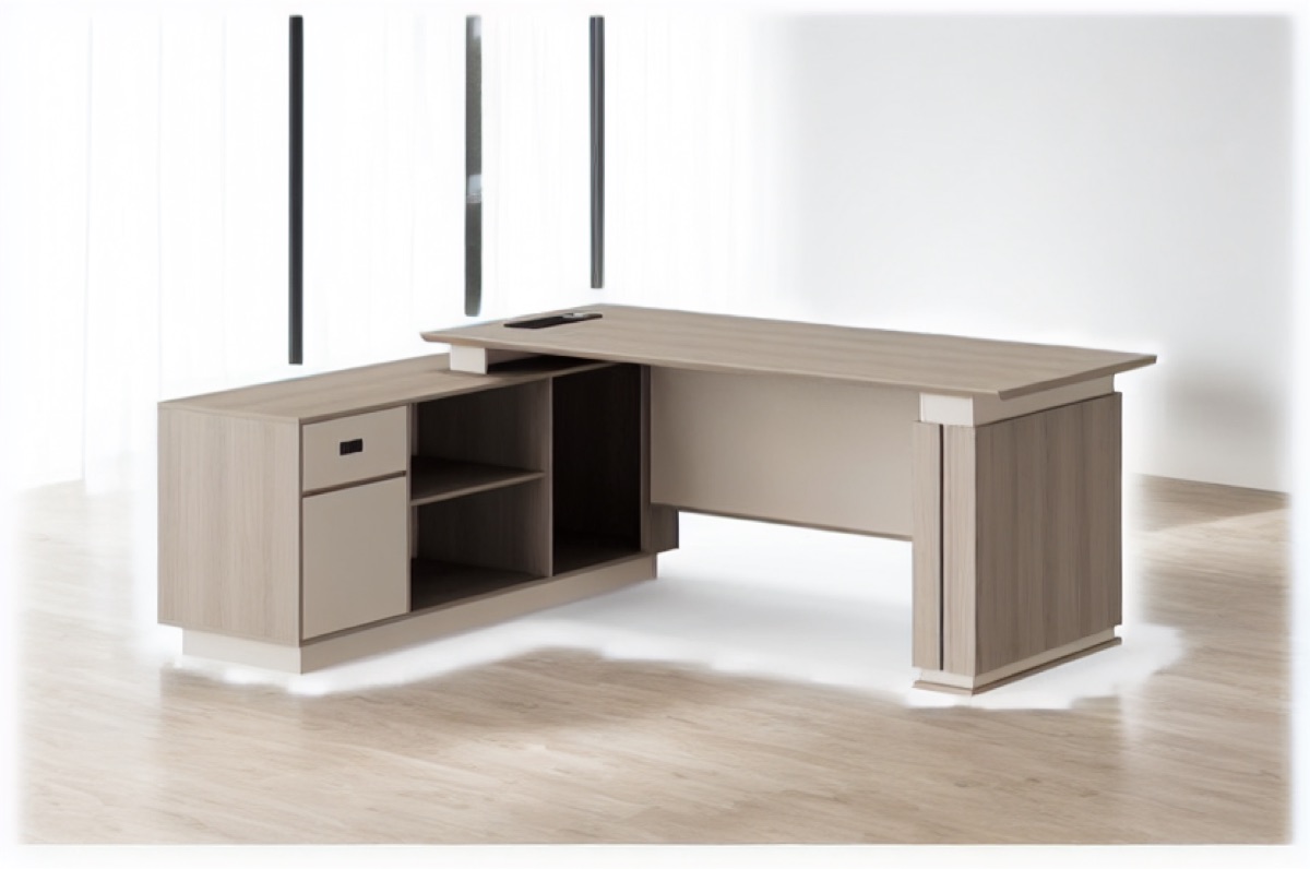 L-Shape Director Desk Natural Oak + Cabinet — office scene