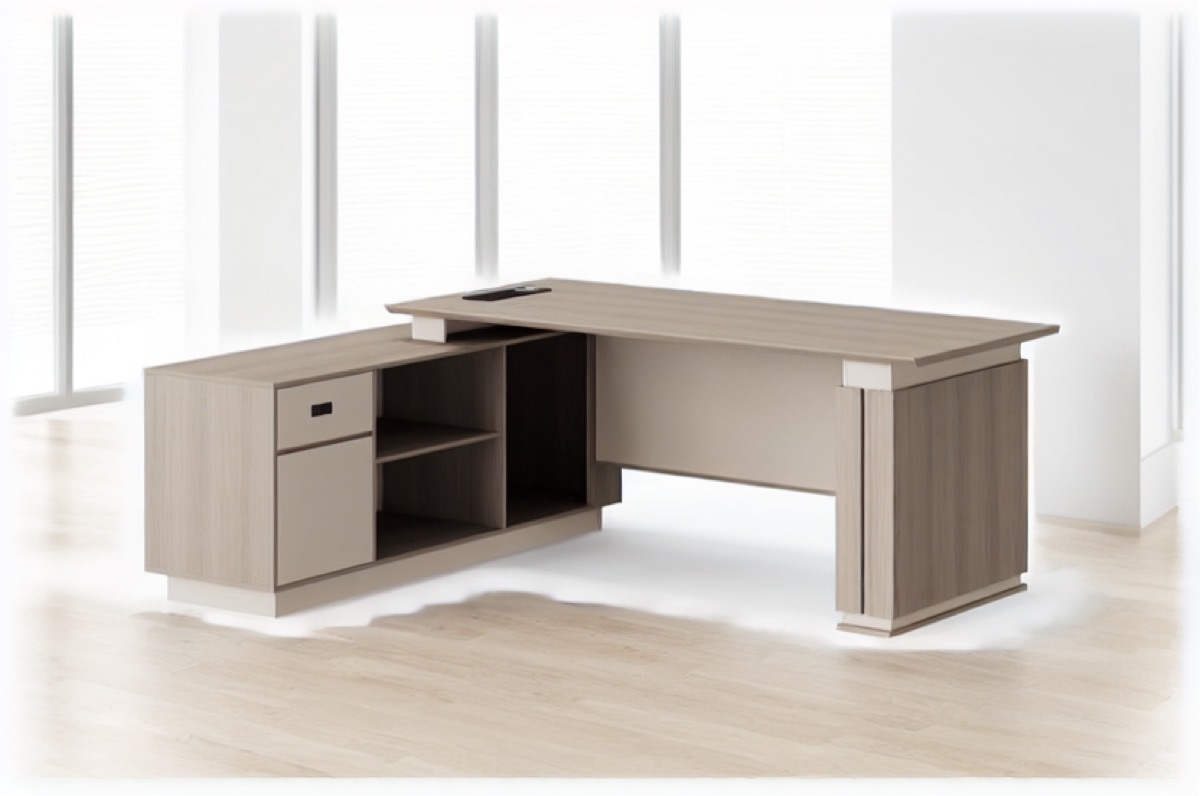 L-Shape Director Desk Natural Oak + Cabinet — office scene