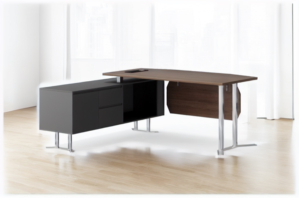 L-Shape Director Desk Walnut Two-Tone + Cabinet — office scene