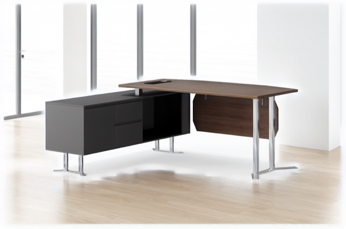 L-Shape Director Desk Walnut Two-Tone + Cabinet — office scene