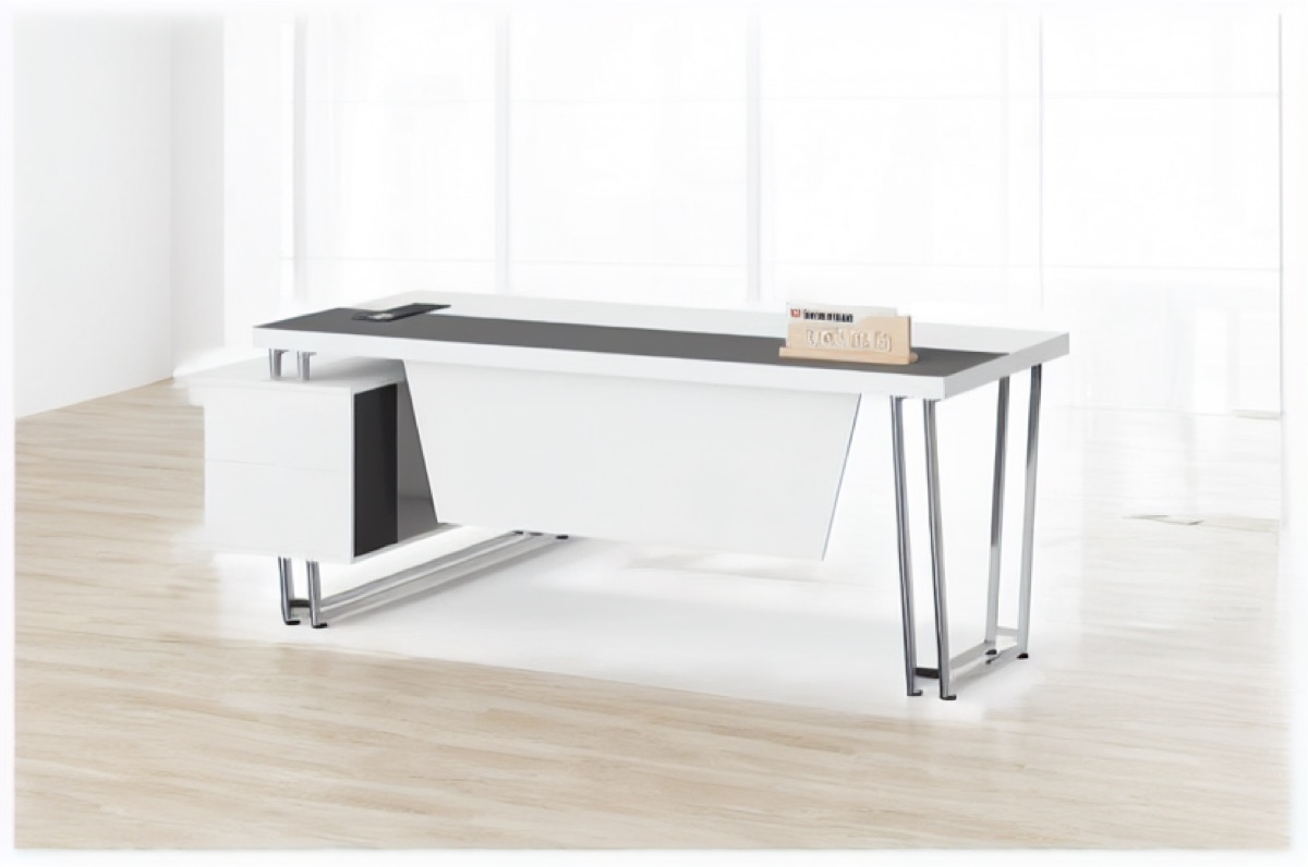 White L-Shape Director Desk + Black Top & Cabinet — office scene