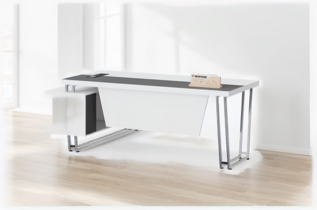 White L-Shape Director Desk + Black Top & Cabinet — office scene