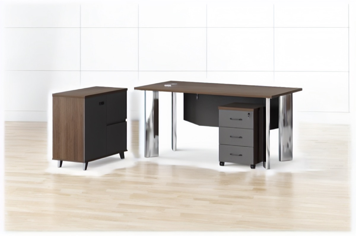 L-Shape Director Desk G28 Chrome Legs + Cabinet — office scene