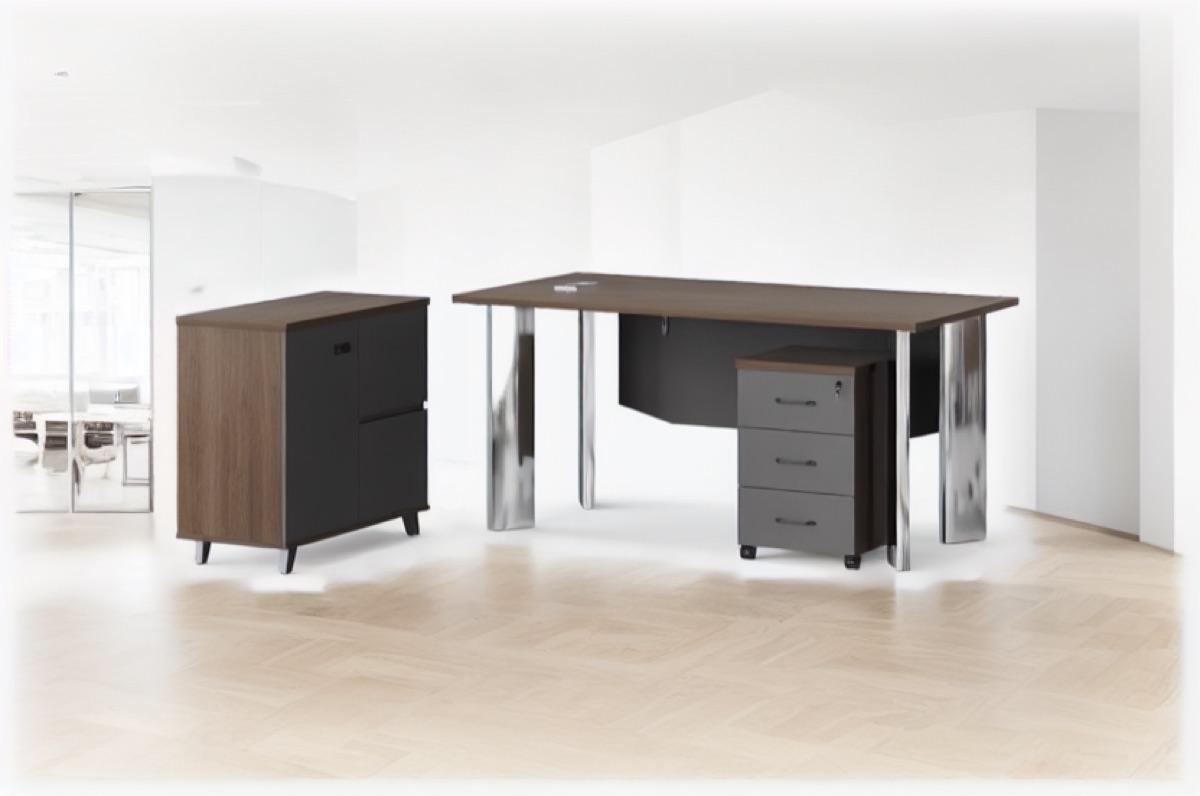 L-Shape Director Desk G28 Chrome Legs + Cabinet — office scene
