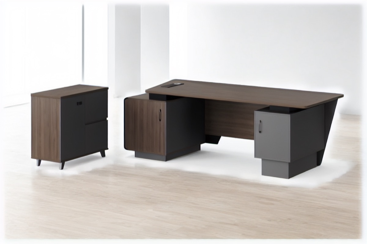 L-Shape Director Desk G28 Slat Panel + Cabinet — office scene