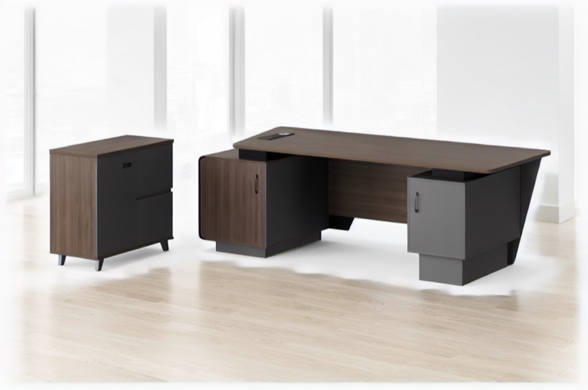 L-Shape Director Desk G28 Slat Panel + Cabinet — office scene