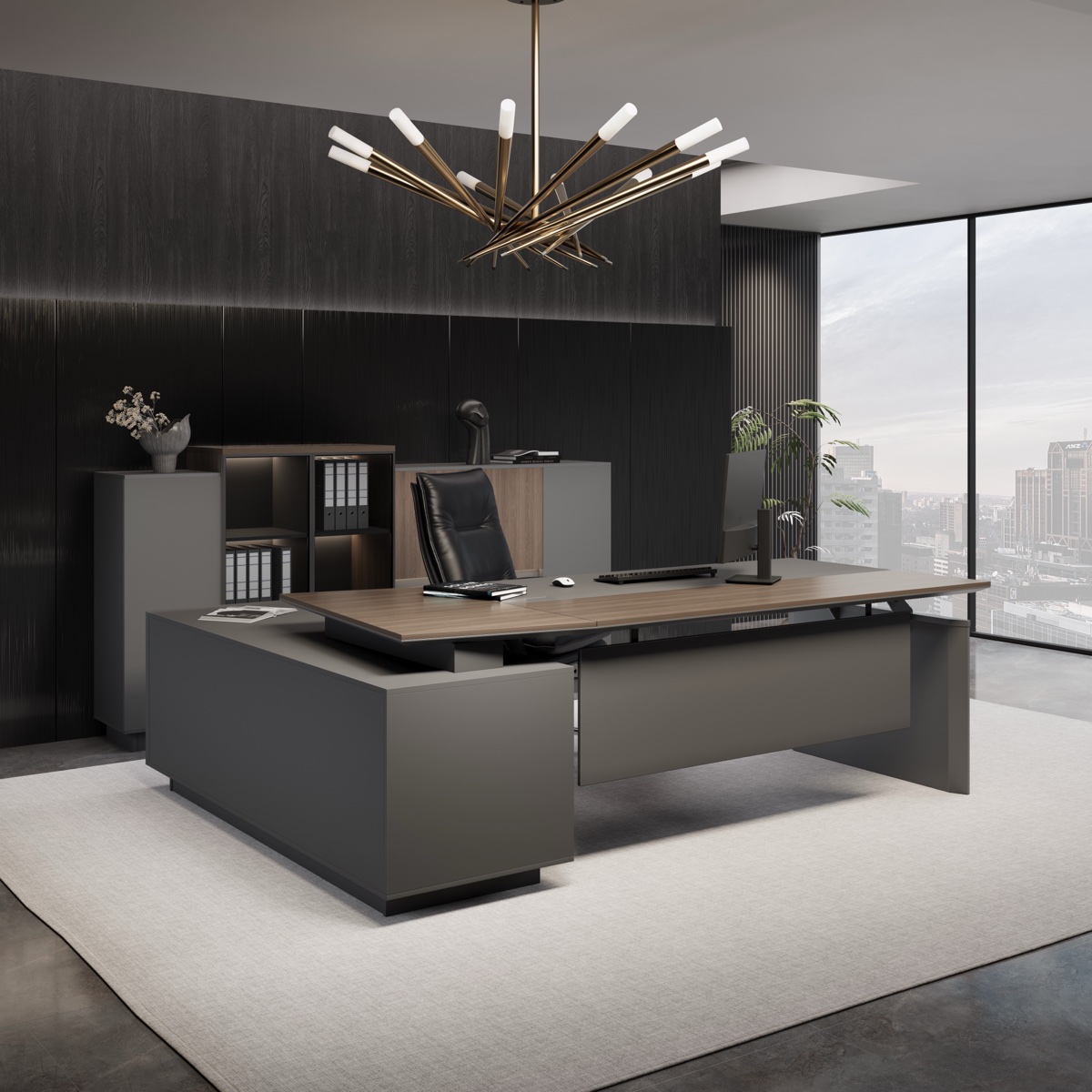 Meja Eksekutif L-Shape Blok Charcoal — detail fitur 1