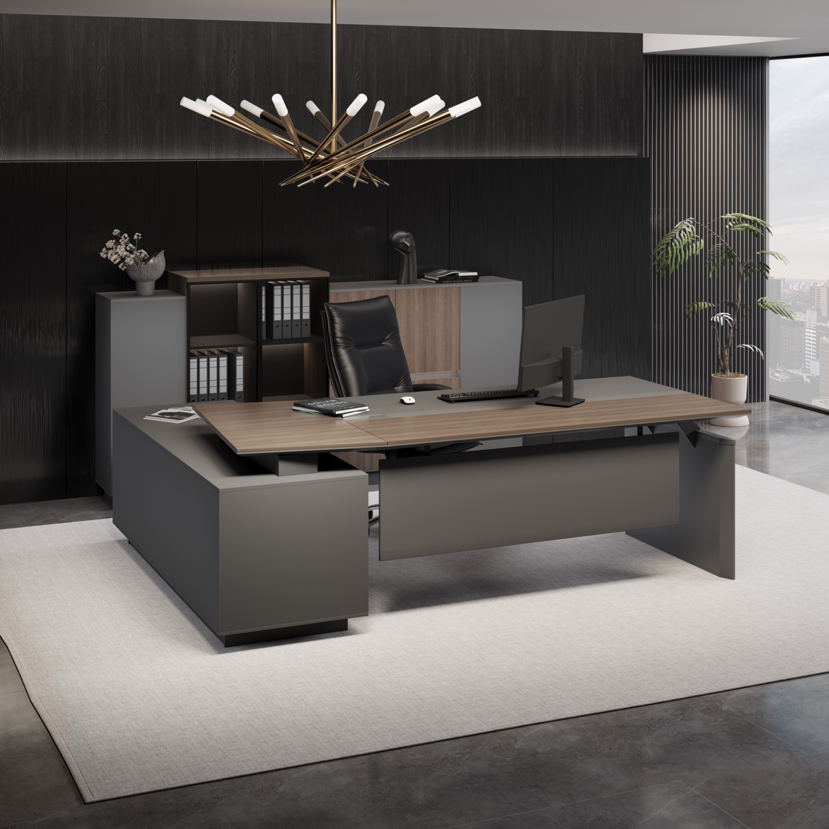 Meja Eksekutif L-Shape Blok Charcoal — BG-2637