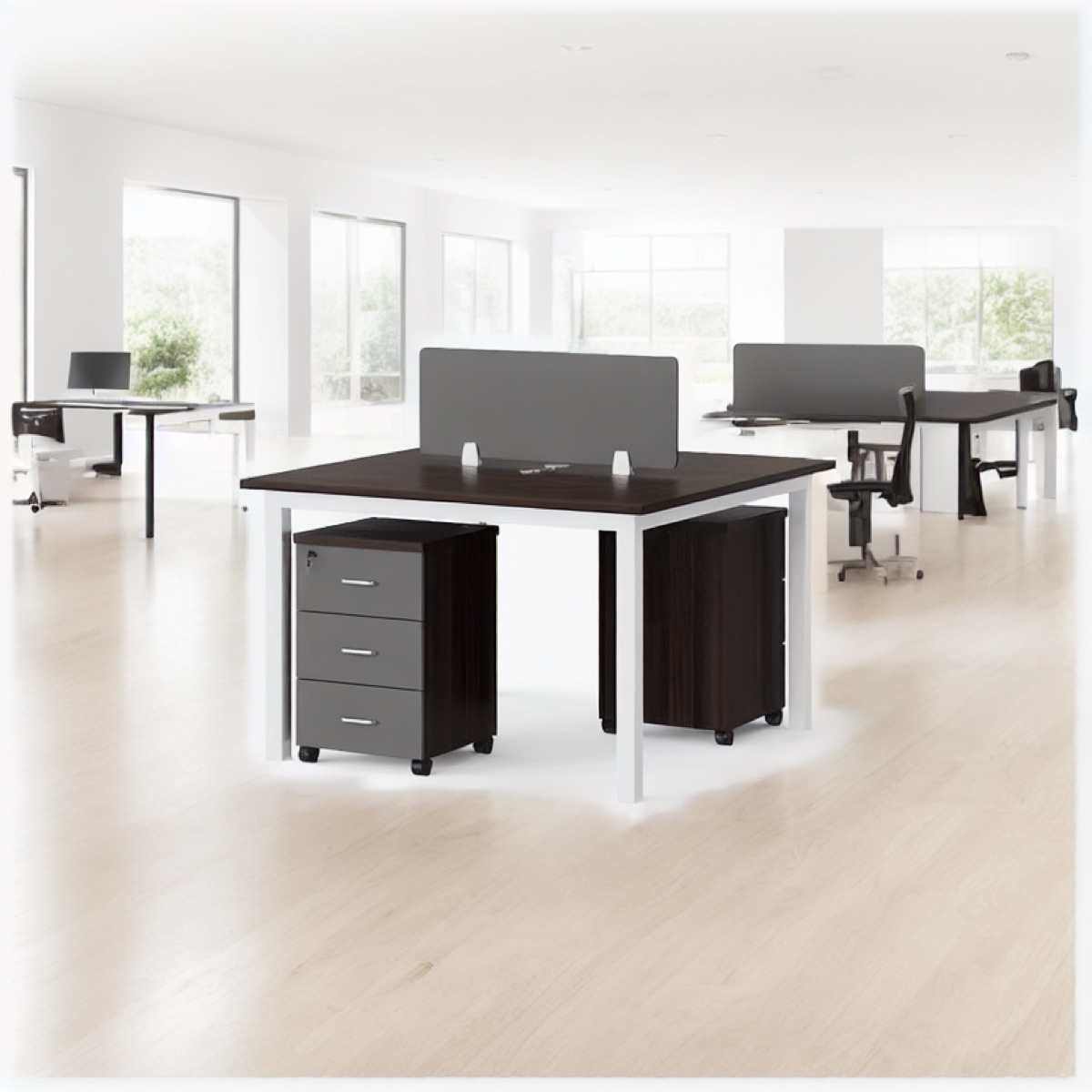 Workstation Kayu Gelap Kaki Putih 2 Stasiun — suasana kantor